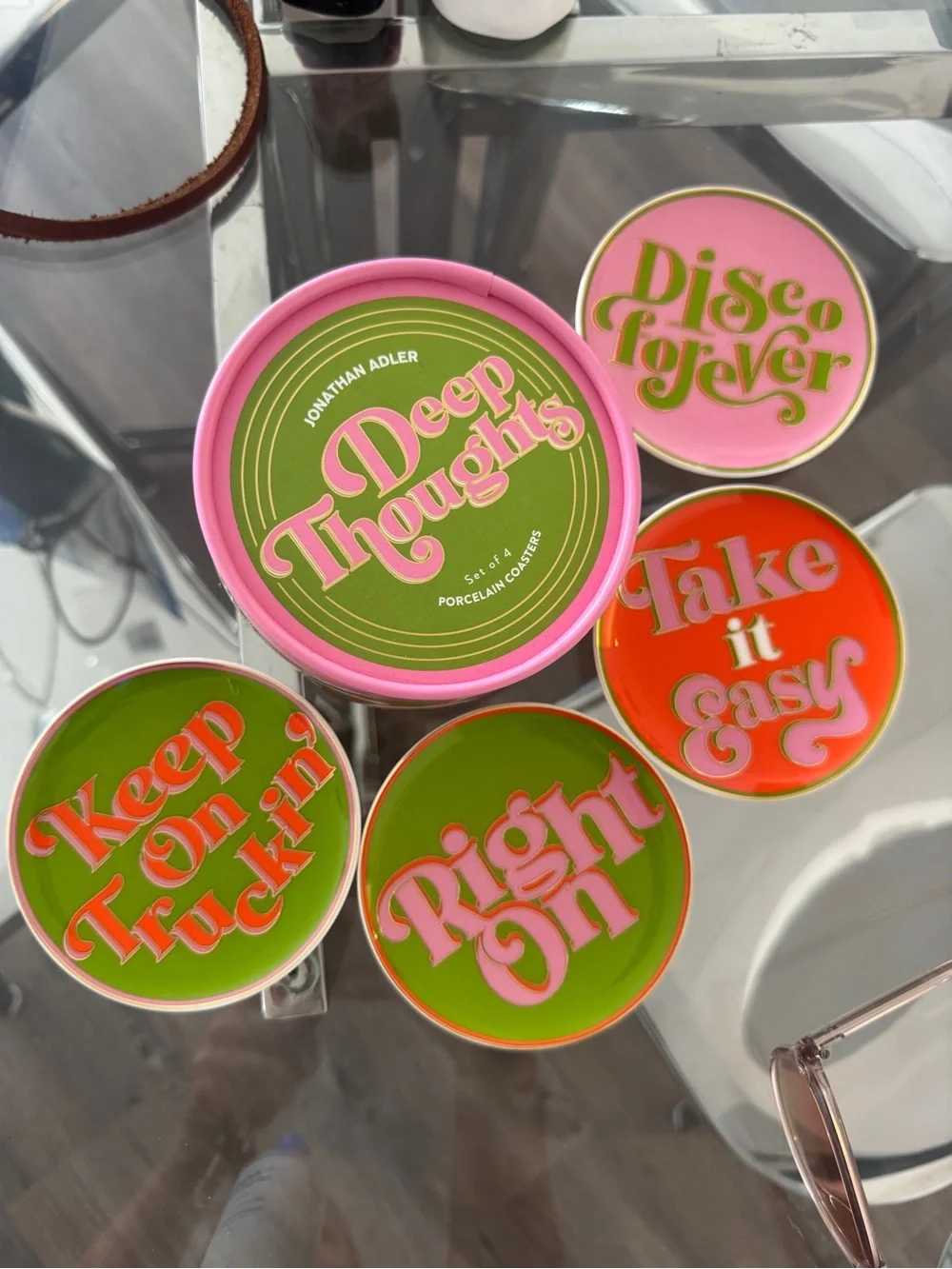 Jonathan Adler Porcelain Coaster Set — Pink, Green & Gold Accent